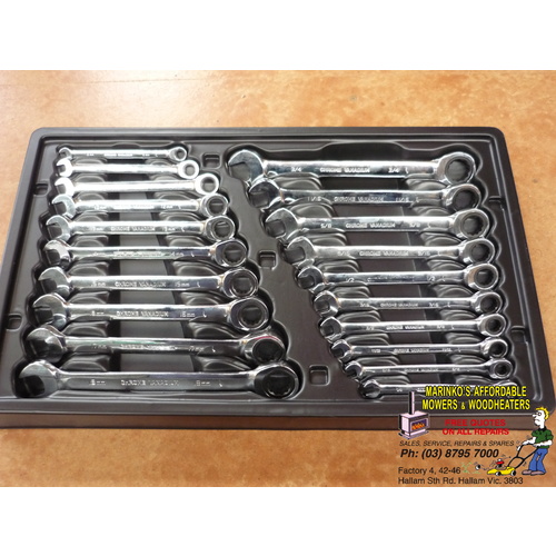 20 piece RATCHET METRIC - IMPERIAL RING OPEN SPANNER SET 6-18mm 1/4" - 3/4"