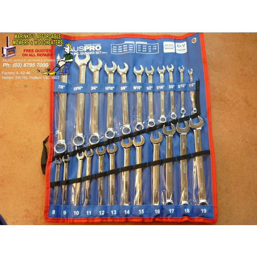 23 piece METRIC - IMPERIAL RING OPEN SPANNER SET 8-19mm 1/4" 7/8" Brand New